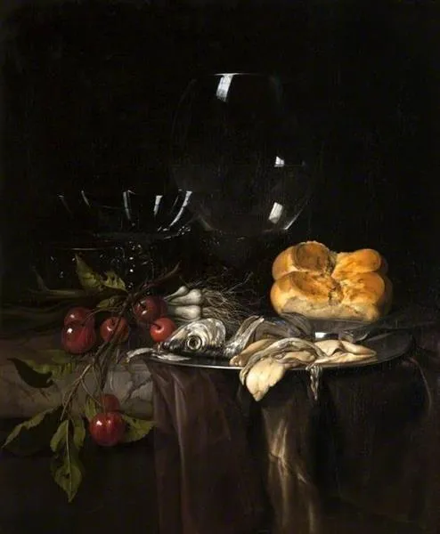 Still Life Herring, Cherries And Glassware